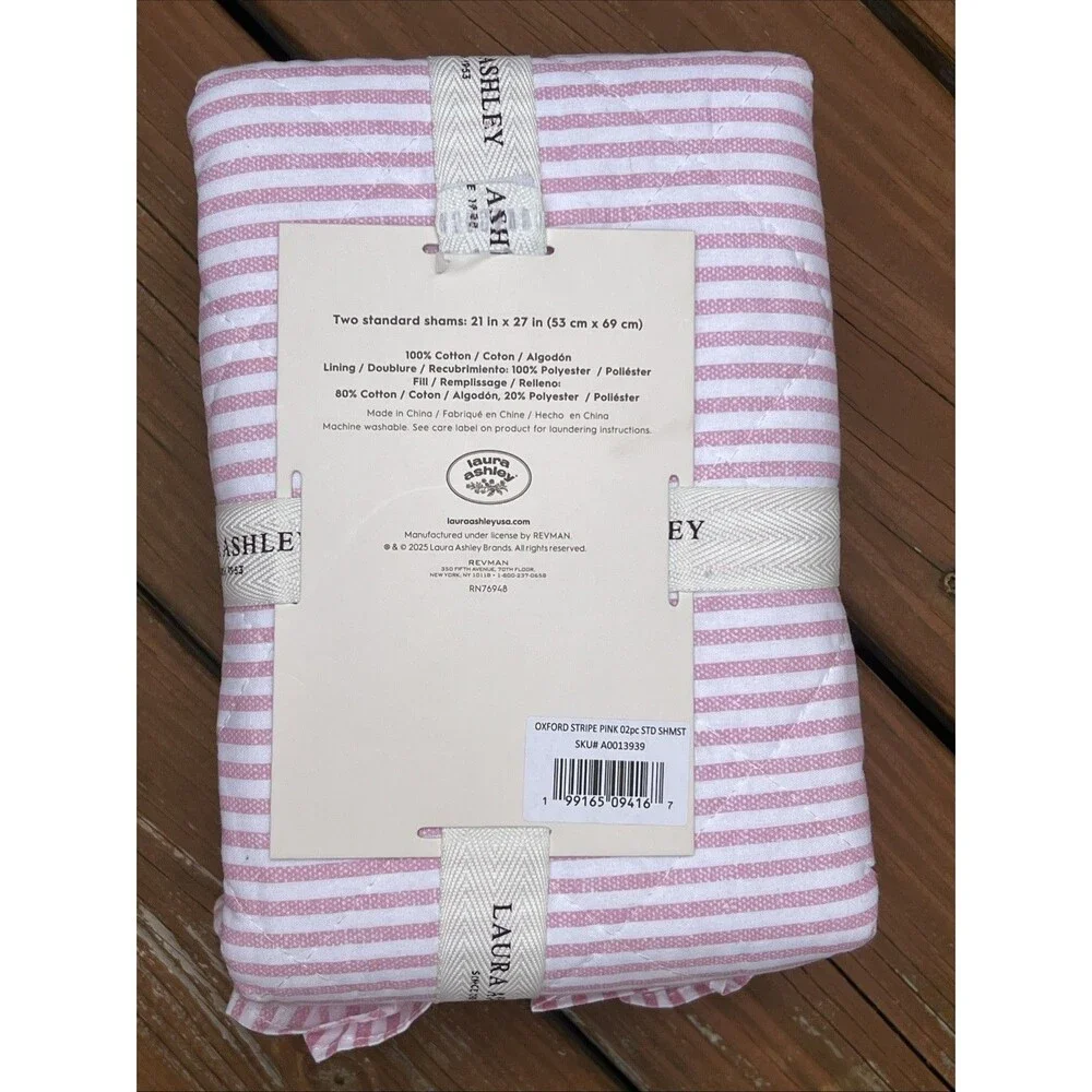 Laura Ashley Oxford Stripe Pink Cotton Sham Pair Standard Pillow Ruffle Trim New